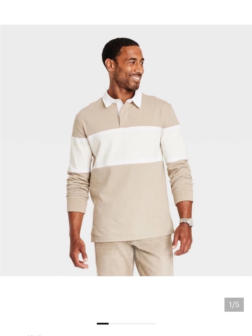Goodfellow & Co Beige and White Long-Sleeve Rugby Polo Shirt
